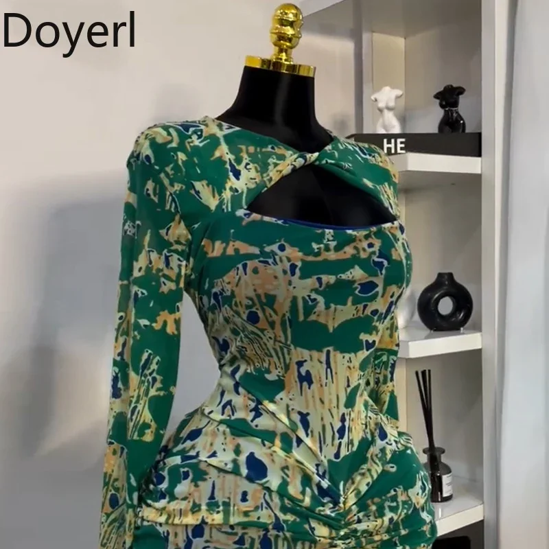 Doyerl Long Sleeve Bodycon Maxi Dresses Women Elegant Cut Out Ruched High Waist Print Sheath Night Club Party Long Dress Robes