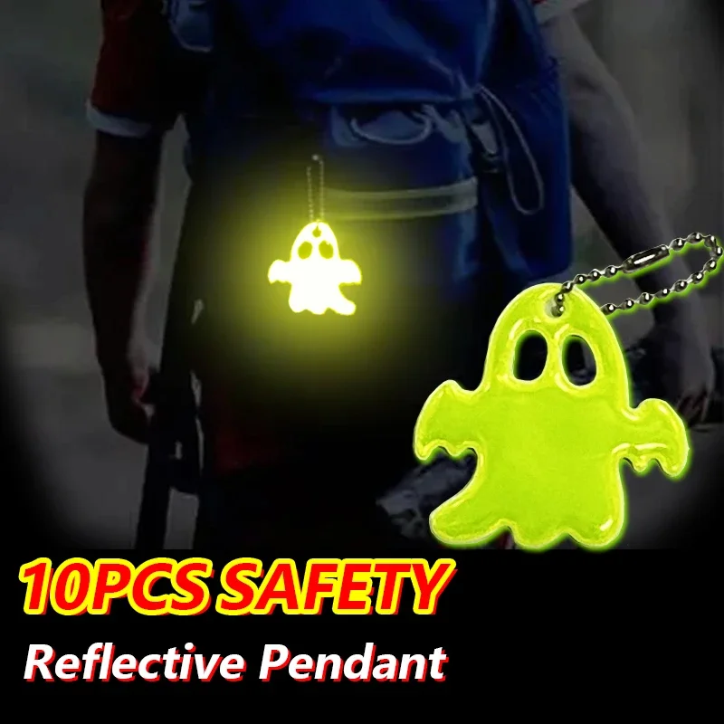 10PCS Night Reflective Key Ring Cute Ghost Shape Night Warning Double-sided Reflective Backpack Pendants Gifts