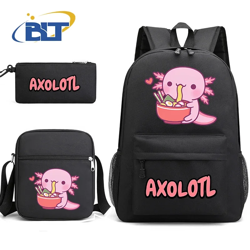 Cute axolotl cartoon animal print student backpack set black backpack shoulder bag pencil case 3-Piece Set for boys and girls