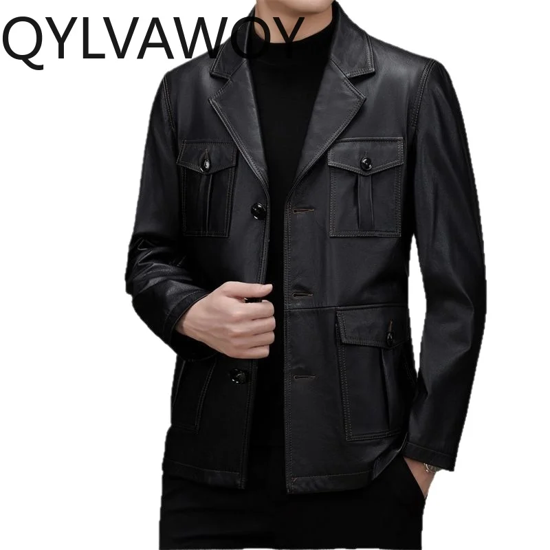 QYLVAWOY Genuine Cow Leather Jackets for Man Multi-pocket Mens Jacket Business Casual Coats New Spring Autumn Куртка Осенняя