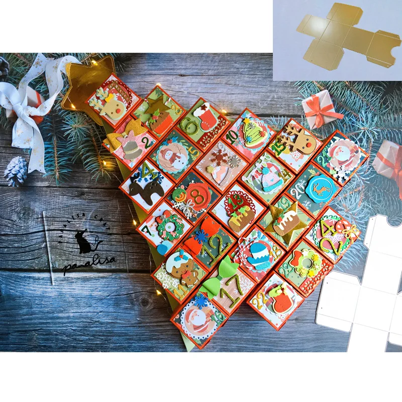 Quadratische Weihnachts-Countdown-Box aus Metall, gestanzt, goldene Stirbt für Geschenke, Verpackung, handgefertigtes Papier, Basteln, DIY-Leckerli-Box