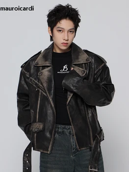 Mauroicardi Spring Cool Handsome Vintage Distressed Black Pu Leather Biker Jacket Men Belt Zipper Loose Unisex Clothes 2024 4 Mauroicardi Spring Cool Handsome Vintage Distressed Black Pu Leather Biker Jacket Men Belt Zipper Loose Unisex Clothes 2024 4