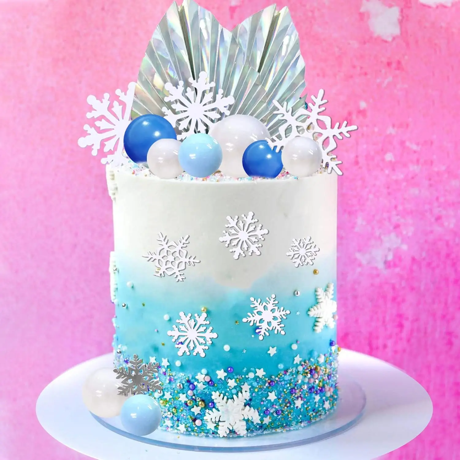 44 PCS Snowflake Cake Toppers Frozen Cake Toppers Blue Ball Cake Decoration for Wedding Christmas Winter Theme Birthday Party