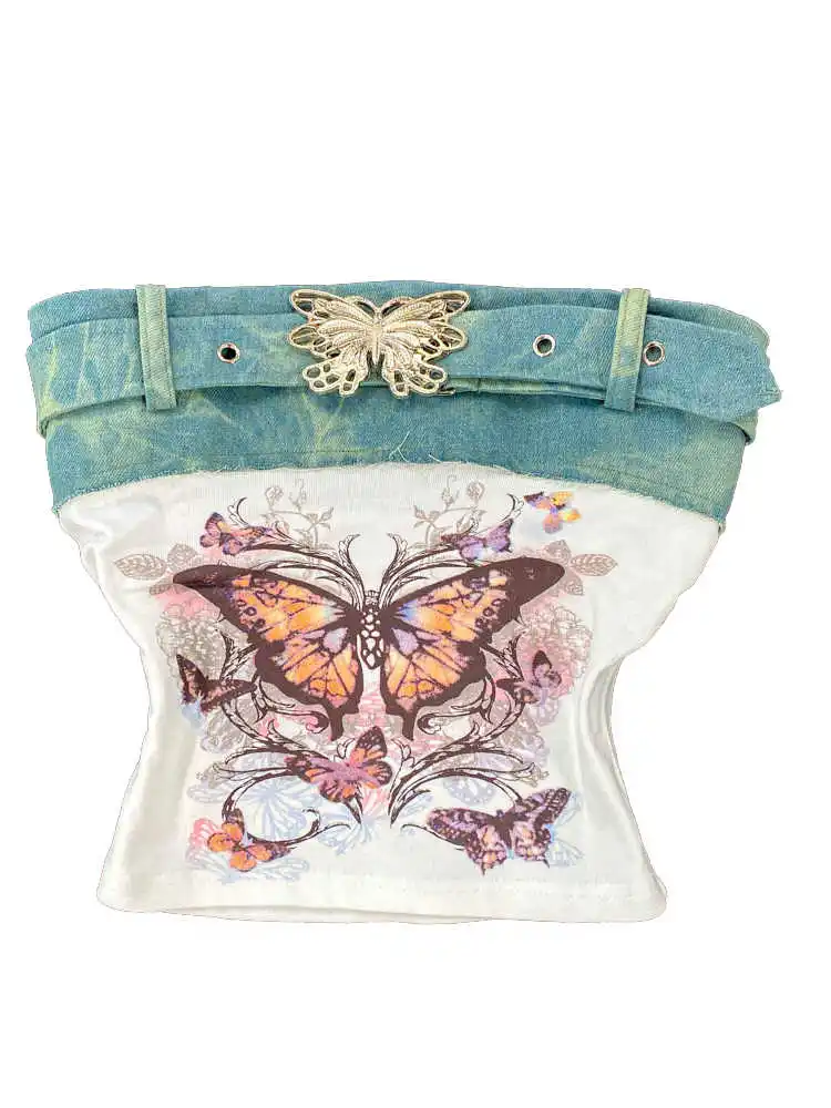 ผู้หญิงสีขาวY2k Crop Top Vintageผีเสื้อพิมพ์Camisoleปิดไหล่Patchworkรัดตัวเสื้อแขนกุดTank Top 2000Sเสื้อผ้า