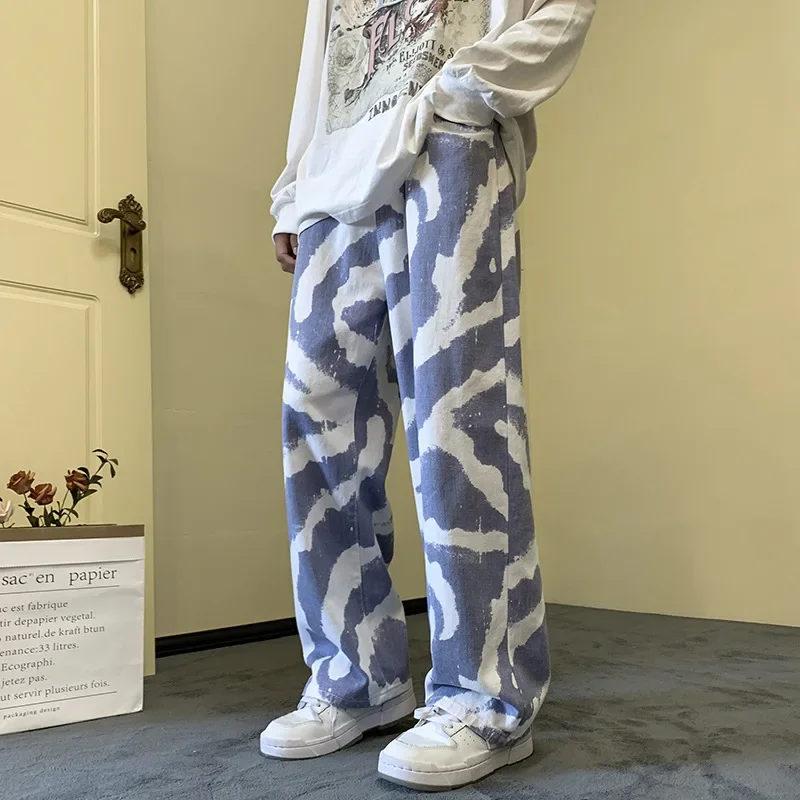 Korean Streetwear Baggy Jeans Pants Men Wide Leg Oversize Pants Fashion Tie-dye Denim Straight Long Trousers Y2k Men Clothing