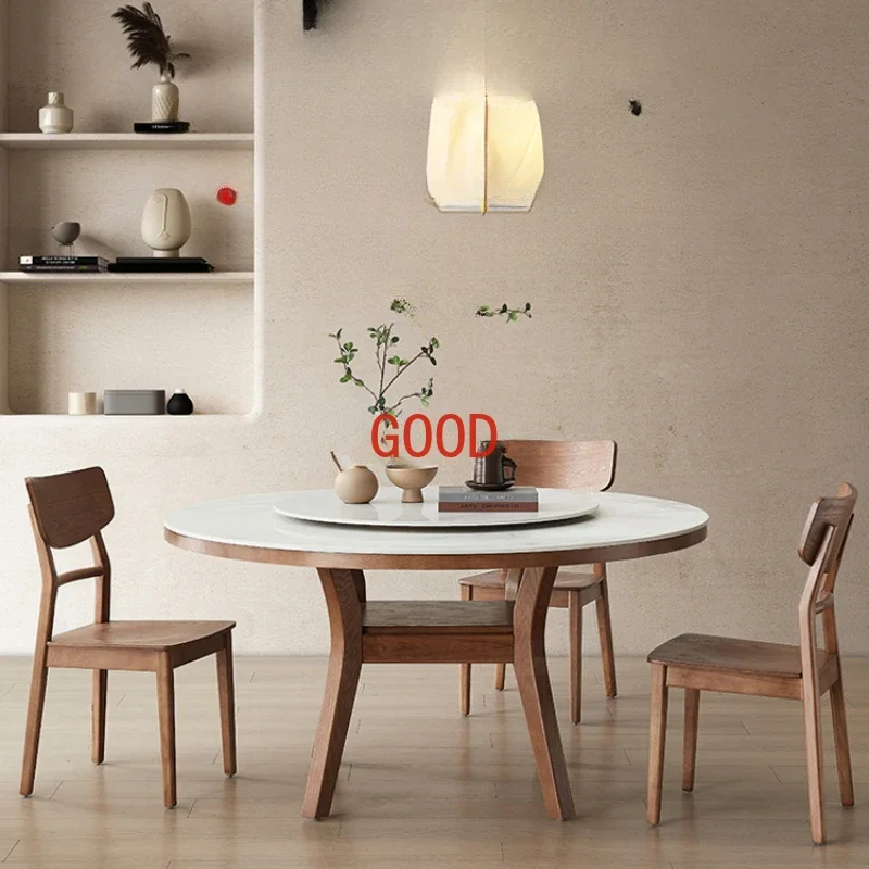 Nordic Solid Wood Dining Table Modern Minimalist round Band Turntable Home Walnut Color Matte Ash Stone Plate Round Table