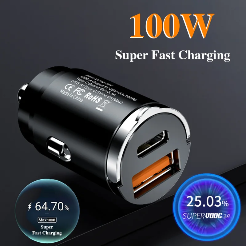 200W Mini Car Charger Fast Charging USB Type C Auto Cigarette Lighter Adapter Accessories 12-24V PD AFC QC 4.0 Phone Charger