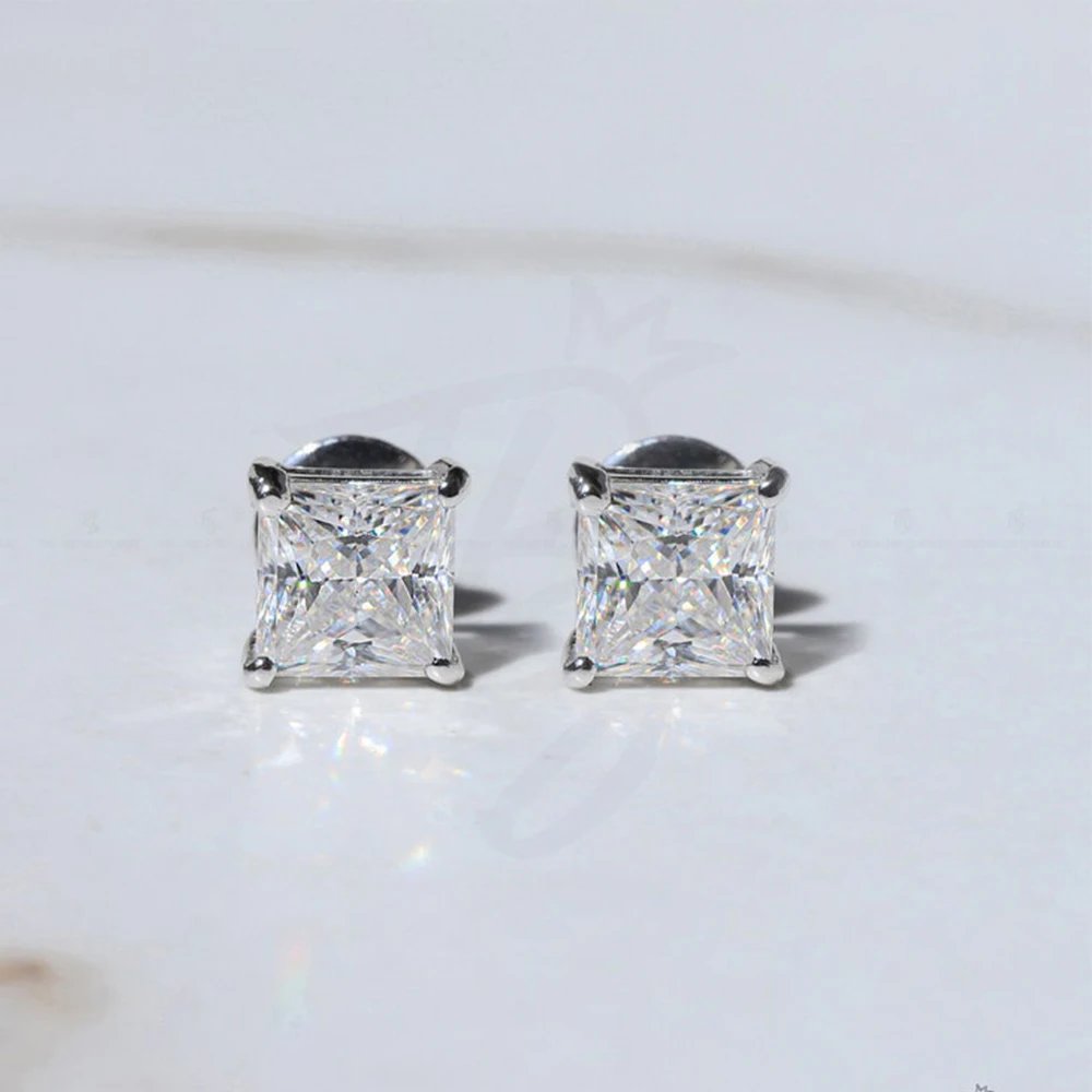 2‑Carat Princess‑Cut Square‑Shape Moissanite Stud Earrings for Women Men, Classic 925 Sterling‑Silver Fine Jewelry, Ideal Gift for Him Her 3