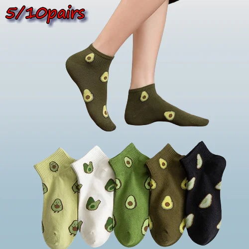 

2024 New Fashion 5/10 Pairs High Quality Arrival Avocado Embroidered Fruit Socks Ladies Breathable Cotton Trendy Women Socks