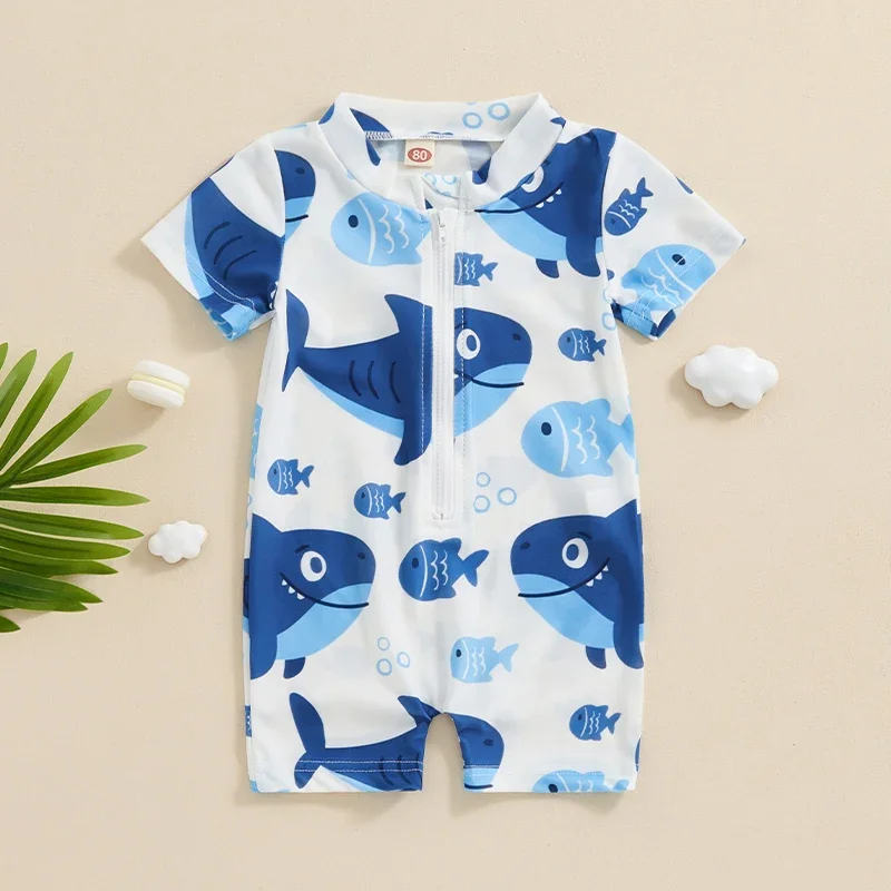 Newborn Baby Boy Swimming Costume Cartoon Print Swimwear Short Sleeve Zipper Rash Guard Swimwear Bathing Suit 0-3 Years Infant