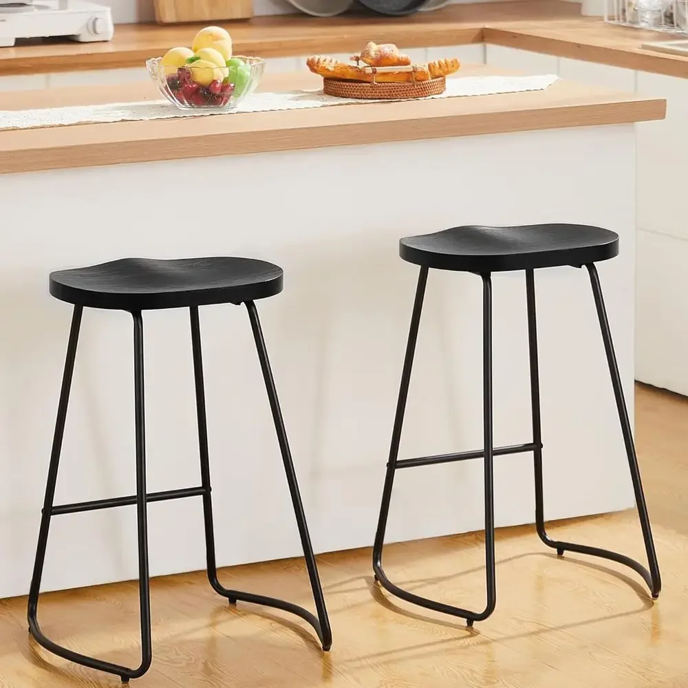 

Set of 2, 26 Counter Height Bar Stools, Rustic Metal Legs, Wood Seats for Kitchen Island or Bar (Black, 2 PCS)
