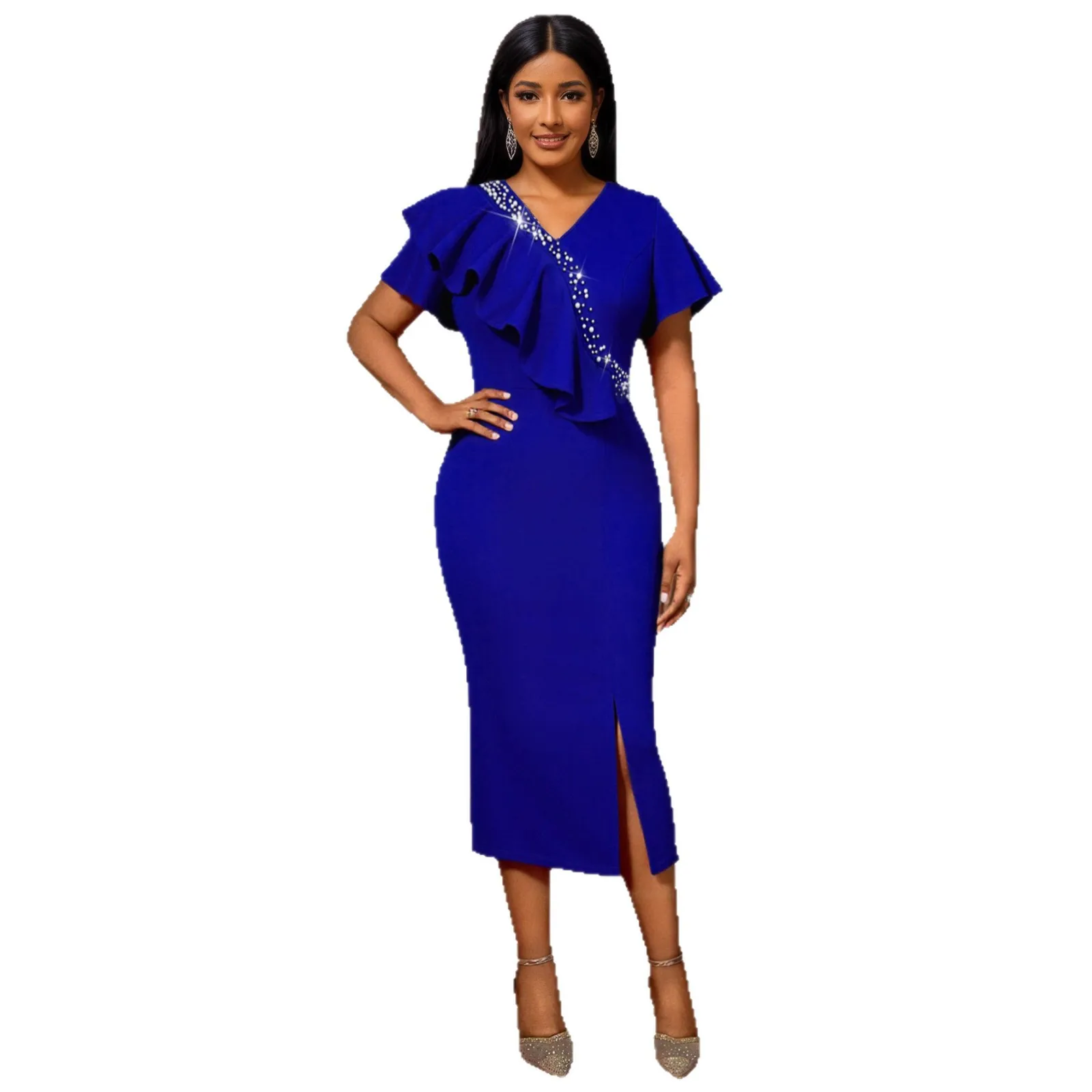 

Elegant V-neck Beading Irregular Ruffles Side Split Tea Length Formal Evening Dress With Short Sleeves Blue