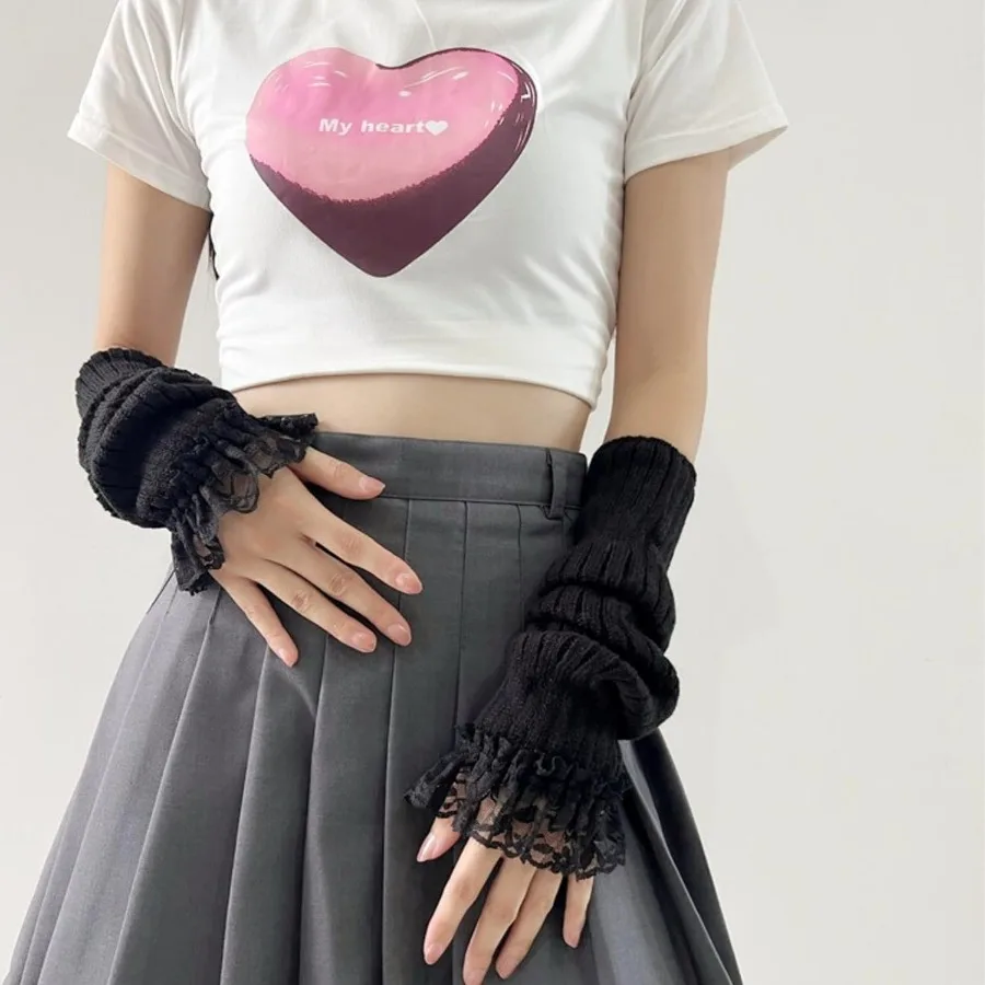 Cute Y2K Arm Warmers Kawaii Knitted Wrist Warmers Long Japanese Harajuku Goth Fingerless Sleeve for Women Girls - Perfect for F
