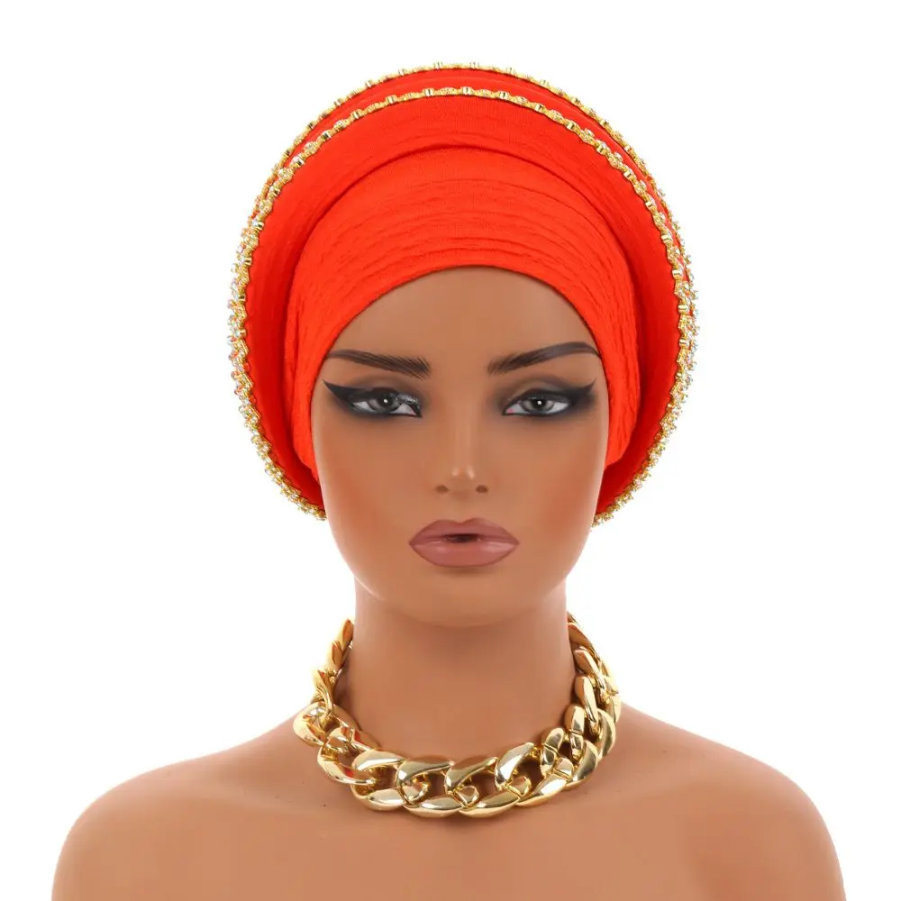 Luxury Rhinestone Decor Spiral Turban Sparkling Ethnic Pre-Tied Head Wrap African Turban Cap For Women Ladies