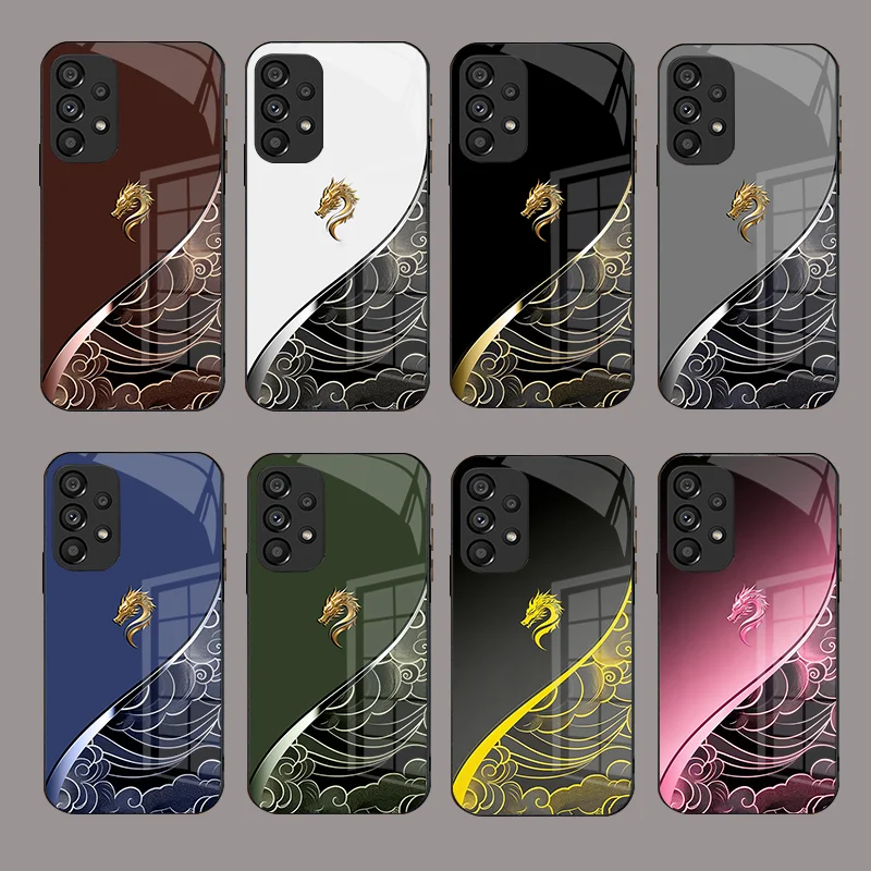 For Samsung a 14 15 16 17 24 25 26 32 33 34 4 G 5 glass phone case printed with auspicious cloud dragon pattern protection cover