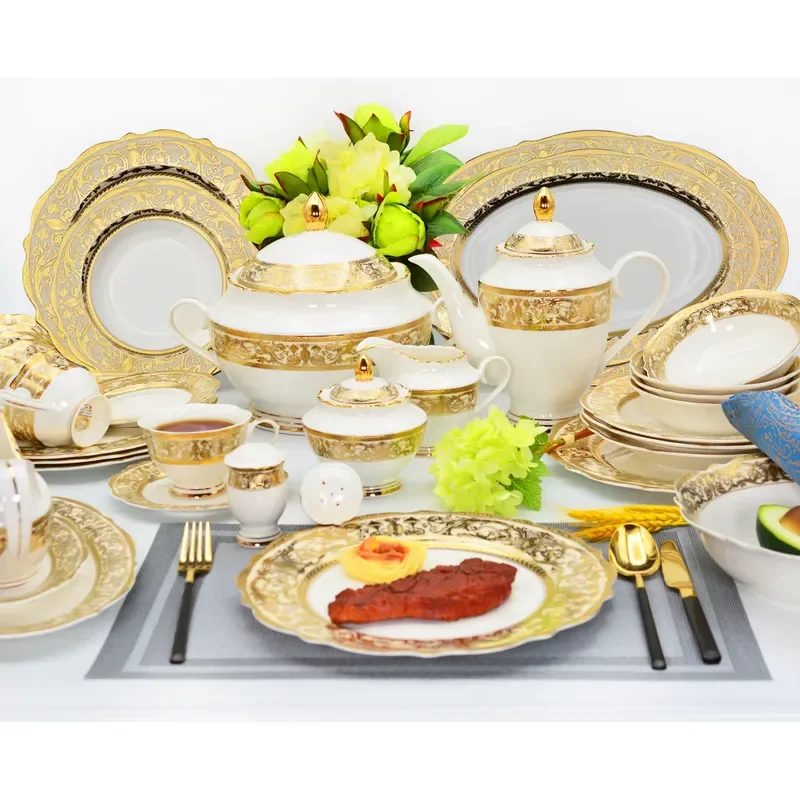 98 Quick Shipping 98pcs Embossed Gold Decoration Tableware Royal Style China Dinnerware Porcelain