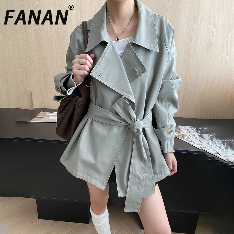 

FANAN Temperament Belt Gathered Waist Short Trench For Women Lapel Long Sleeve Office Lady Windbreaker 2025 Autumn New Fashion