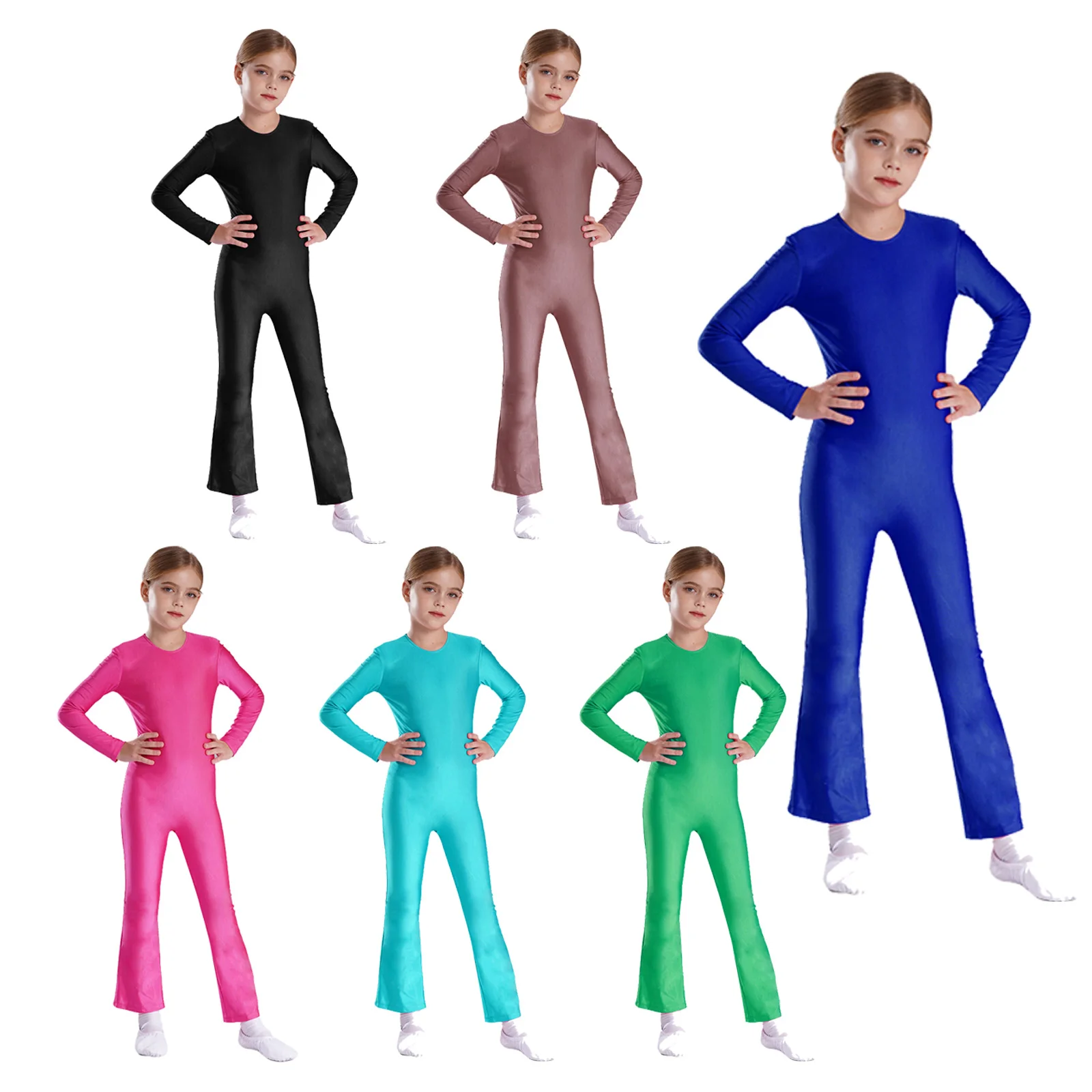 Kids Girls Ballet Gymnastics Yoga Jumpsuit Solid Color Round Neck Long Sleeve Bell-Bottom Full Body Leotard for Figure Skating