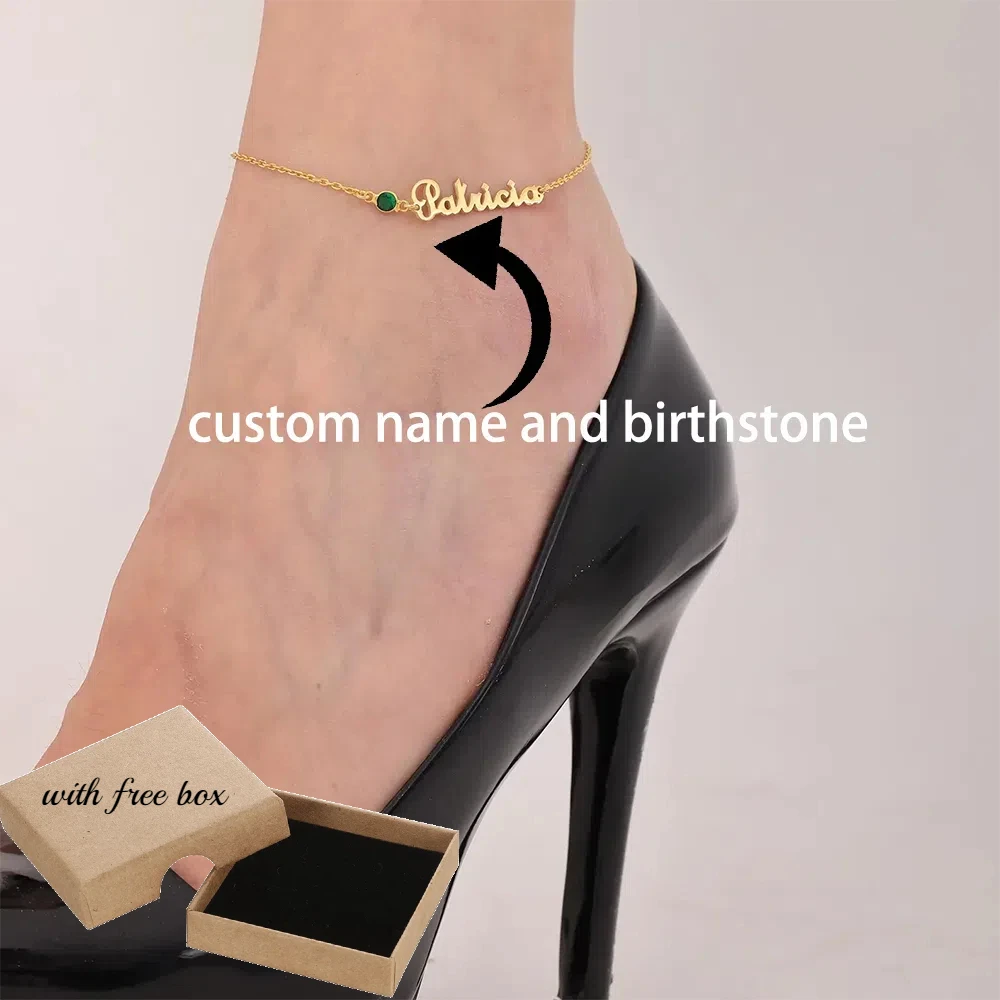 Women Fashion Personalized Custom Name Anklet With Birthstone Beach Waterproof Stainless Steel Ankle Chain Jewelry Accessories