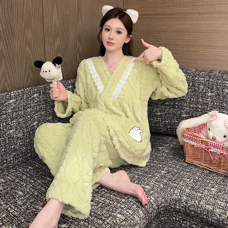 5XL Autumn/winter Coral Fleece Pajama Set Women Plus Size Cartoon Long Sleeve Loose-fit Thickened Warm Home Suit Sweet Sleepwear