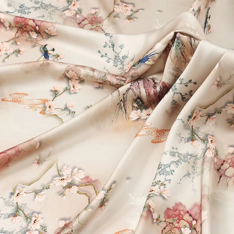 アセテートサテンプリント生地チャイナドレス漢服ドレスマウンテン