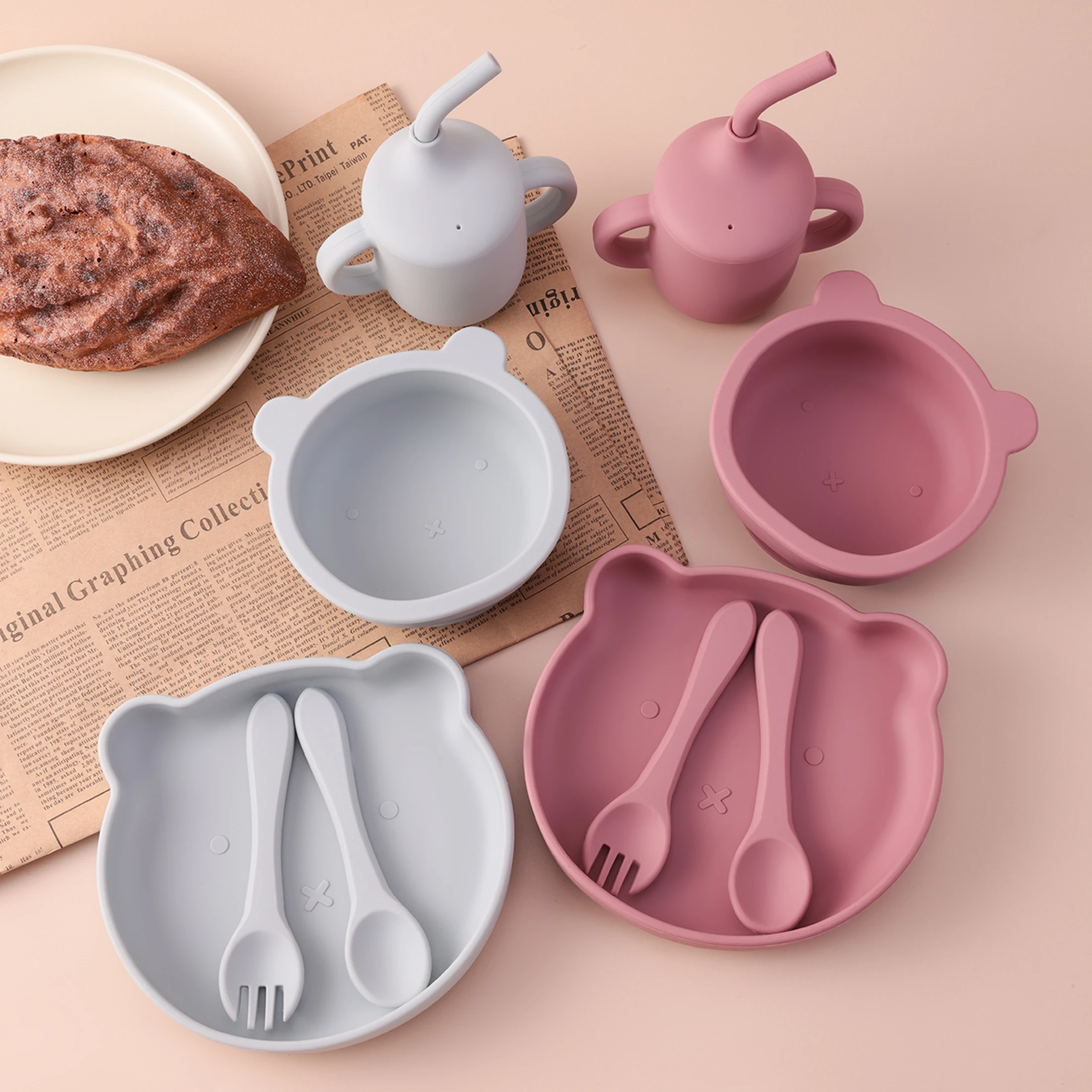 5PCS Silicone Baby Feeding Set Bear Plate Suction Bowl Spoon Straw Cup Toddler Self Feeding Essentials BPA Free Baby Stuff