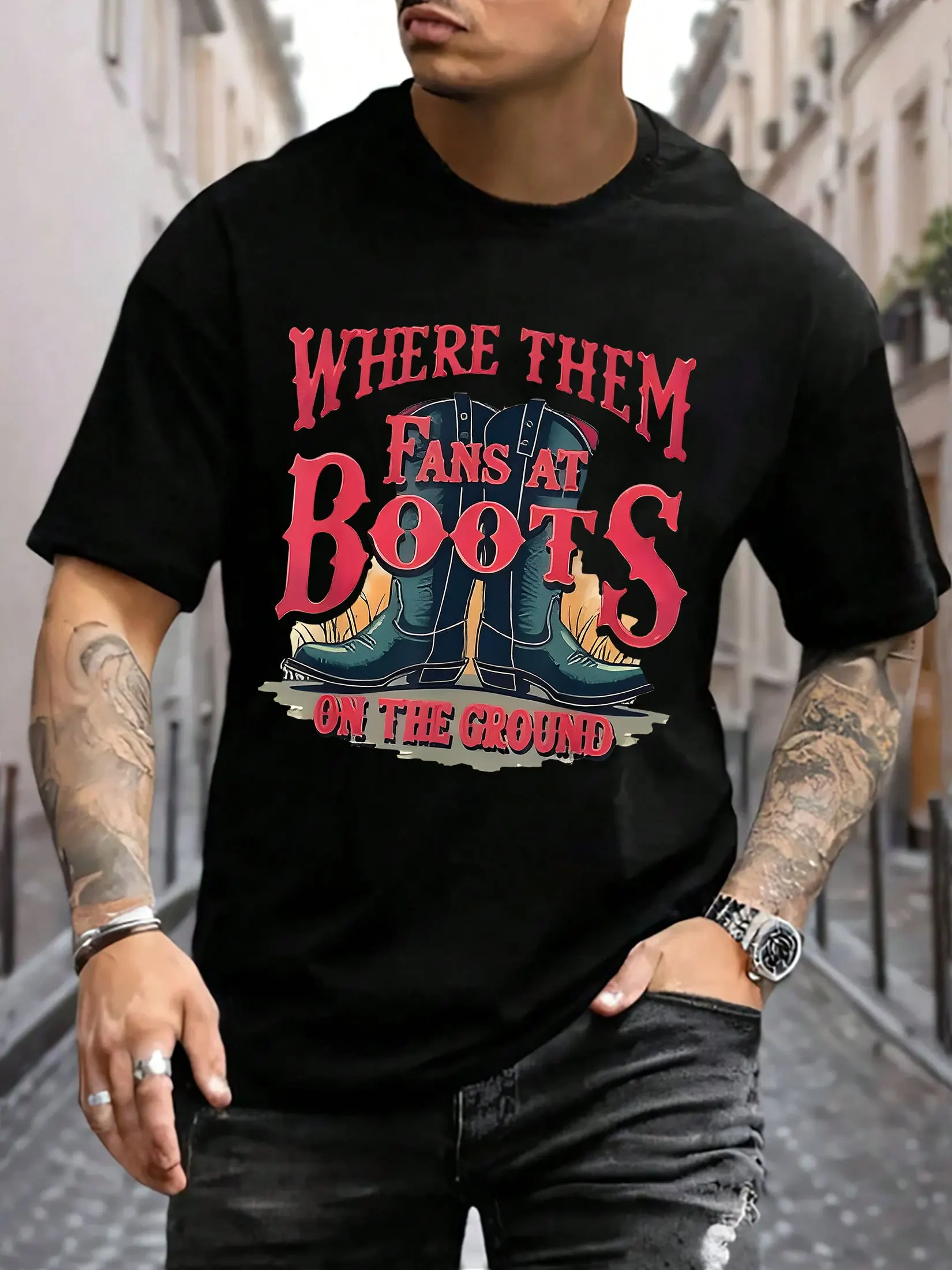 

Ground Boots Design, BOOTS ON THE GROUND, Boots Print T-Shirt, Men'S T-Shirt, Urban Casual Short Sleeved Round Neck T-Shirt,