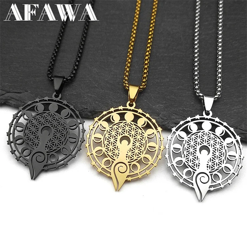 Wicca Triple Moon Phase Hekate Goddess Necklace for Women Men Stainless Steel Greek Wheel of Hecate Chain Jewelry collier