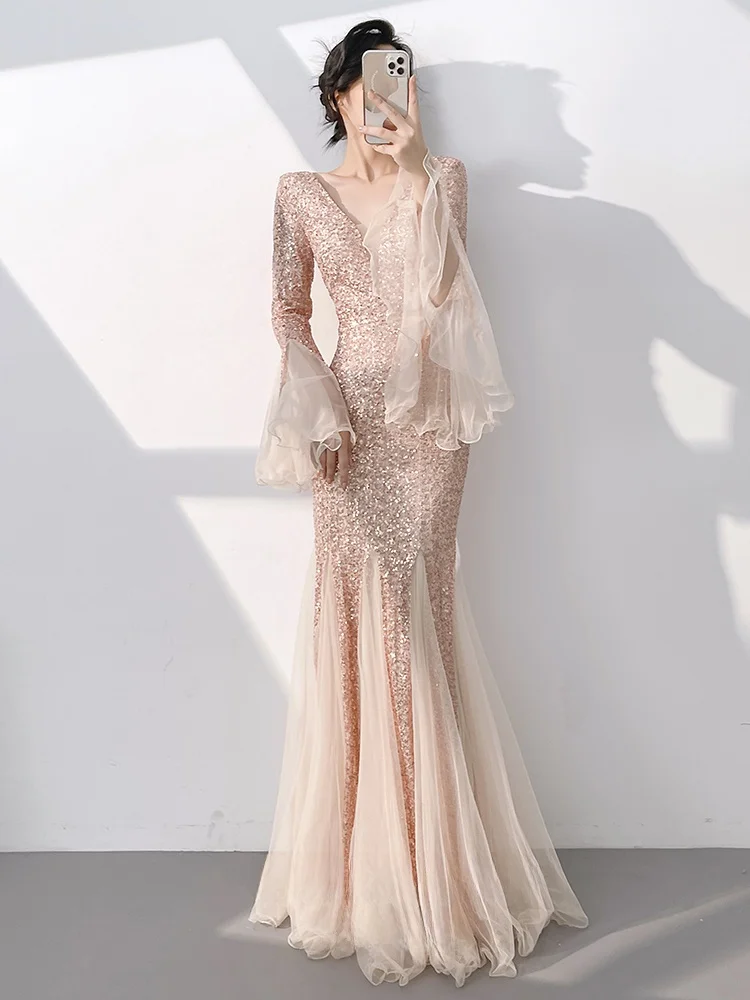 

Вечернее платье цвета розового золота, женское, новинка 2025 года, элитное, с длинными рукавами, для ежегодных встреч, с юбкой-русалкой, элегантное, роскошное, красивое