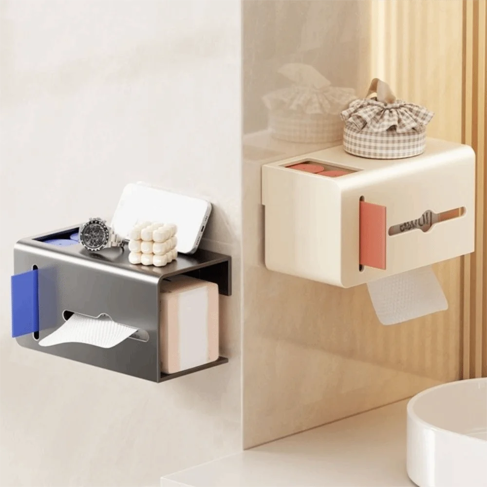 

Carbon Steel Toilet Paper Holder Wall Mounted Punch Free Bathroom Tissue Self with Trash Bag Holder Waterproof Toilet Paper Box