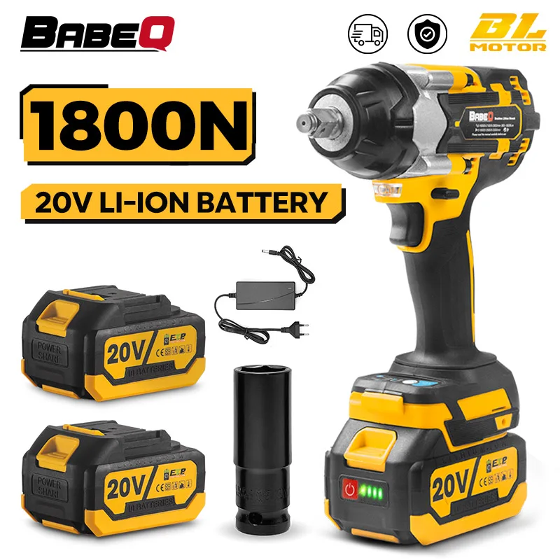 BABEQ 1800N.m Brushless Electric Impact Wrench 1/2 inch Screwdrivers Cordless Wrench Set 20V Lithium-ion Battery Power Tools