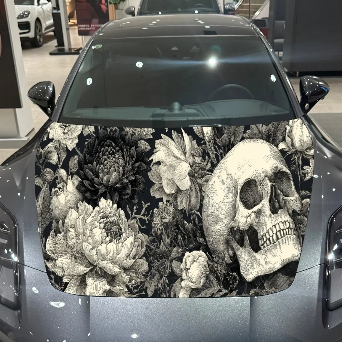 

Car Decals A Skull In Monochrome Floral Scene Close - Up With Detailed Bone And Vintage Visual Grace Car Hood Sticker, Waterproo