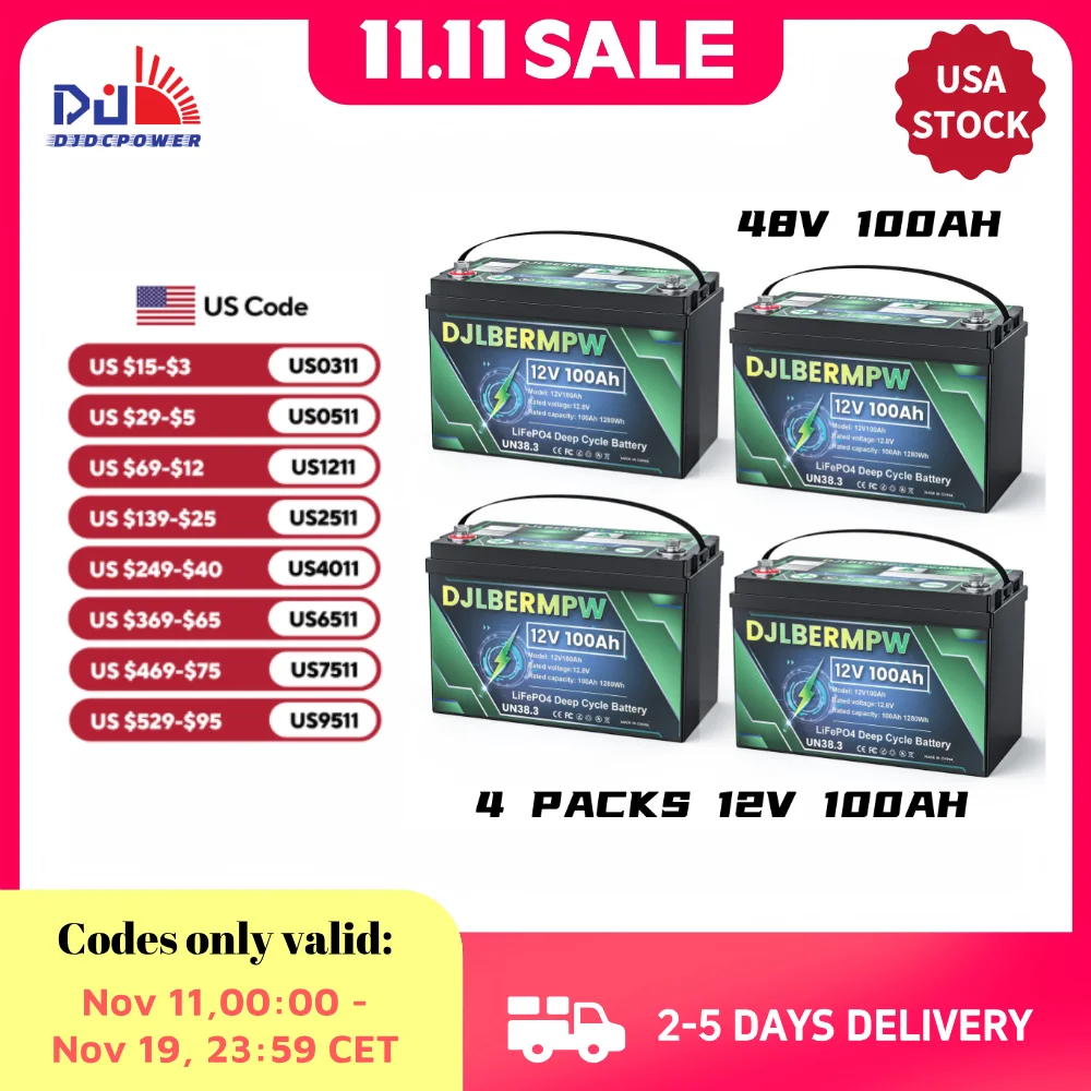 

DJLBERMPW 4 Packs LiFePO4 Battery 12-48V 100Ah Solar System Built-in 100A BMS Lithium Iron Phosphate Batteries for RV Golf Carts