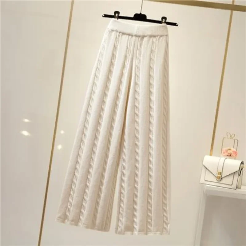 Winter Knitted Wide Leg Pants Women High Waist Drop Loose Knitted Straight Leg Pants Casual Cropped Wide Leg Pants Female Tops