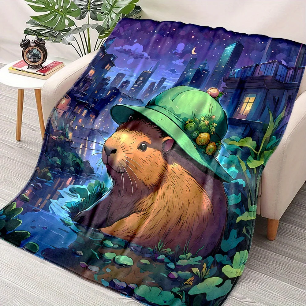 Night City Anime Capybara Fleece Blanket, Dark Sky Moon Building Aquatic Leaf Pattern Cozy Throw for Camping Office Living Room