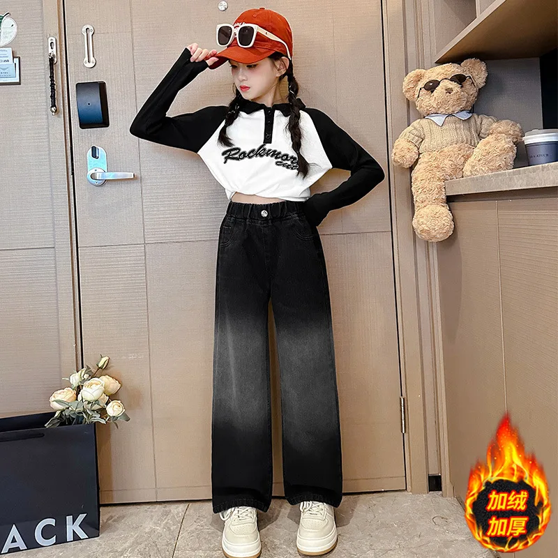 أزياء الفتيات صوف مبطن الجينز سميكة الدافئة السراويل عالية الخصر ضئيلة مستقيم الدينيم السراويل للأطفال الكبار الخريف الشتاء ﻿