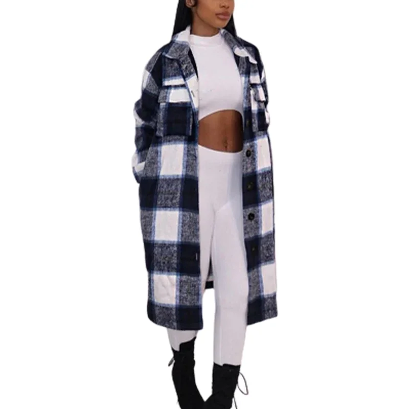 Autumn Winter Cotton Linen Warm Long Shirt Lapel Double Pockets Splice Elegant Plaid Blouse New Female Office Commuter Outerwear