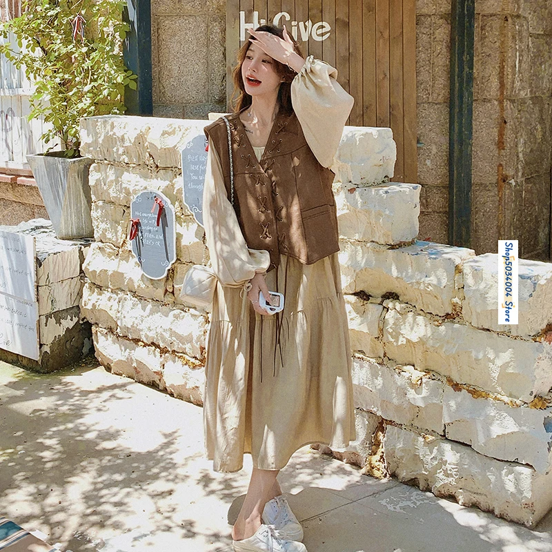 

2024 Autumn Sleeveless V-neck Lace-up Brown Suede Vest Coat Long Sleeve Loose Elegant Maxi Dress Two Piece Set Women Outfit 2001