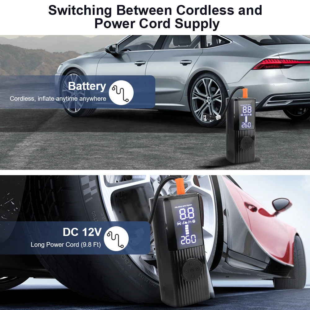 Tire Air Pump Portable Inflator 0-150psi/10bar Wireless Inflatable Pump Car Air Compressor Tire Pressure Test