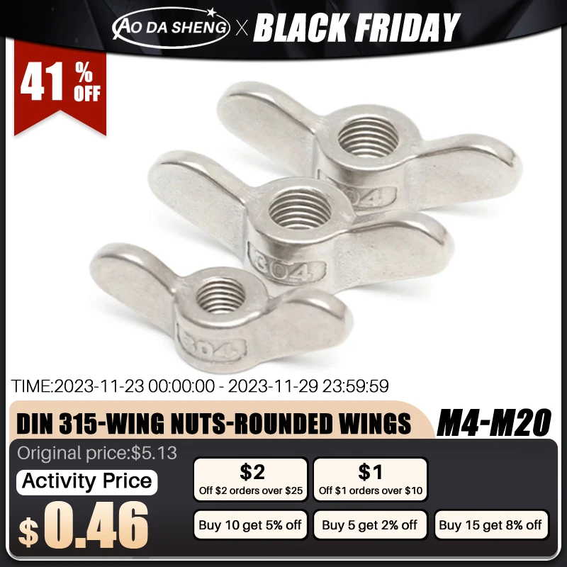 

AODASHENG 5pcs/lot Butterfly Wing Nuts M4 M5 M6 M8 M10 M12 M14 M16 M18 M20 Stainless Steel Wing Nuts Hand Tighten Nut DIN315