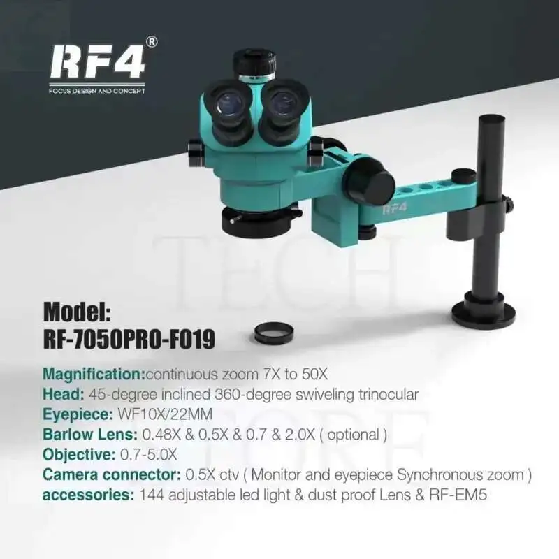 RF4 RF7050PRO F019 التكبير المستمر 7X إلى 50X WF10X/22M 360 درجة دوران مجهر ثلاثي العينيات