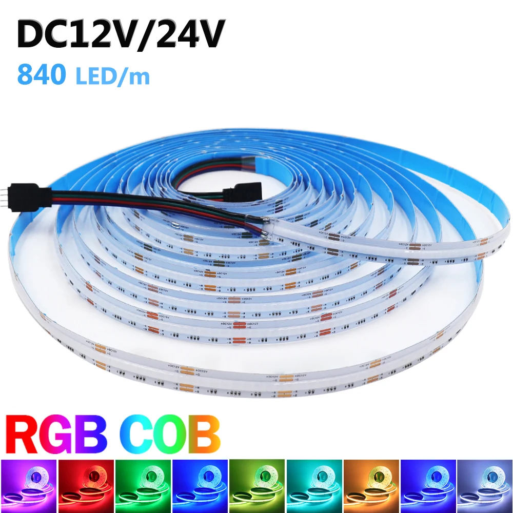 1M 2M 5M RGB COB LED Strip Light 12V 24V 840 LEDs/m Flexible High Bright Colorful LED Tape Light Bar for Indoor Room Decor