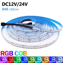 Tira de luces LED COB RGB de 1M, 2M, 5M, 12V, 24V, 840 LEDs/m, barra de luz de cinta LED colorida de alto brillo Flexible para decoración de habitaciones interiores