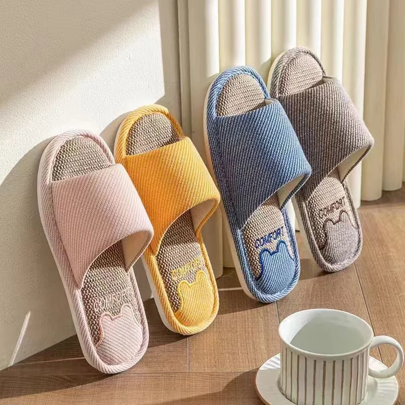 

Linen Unisex Slippers Indoor Home Breathable Women Slides Linen Couples Anti-slip Shoes Spring and Autumn Comfortable Flats
