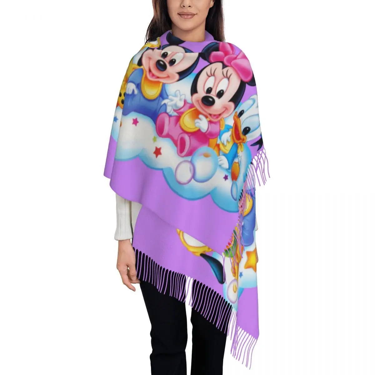 

Custom Mickey Mouse Friends Cartoon Scarf Wrap for Women Long Winter Fall Warm Tassel Shawl Unisex Scarves
