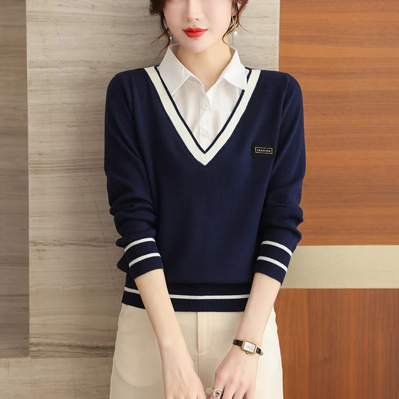 

Топ с воротником с лацканами, элегантная женская одежда на осень-зиму 2024, женский трикотаж с длинными рукавами, пуловер, блузка, тонкий женский свитер