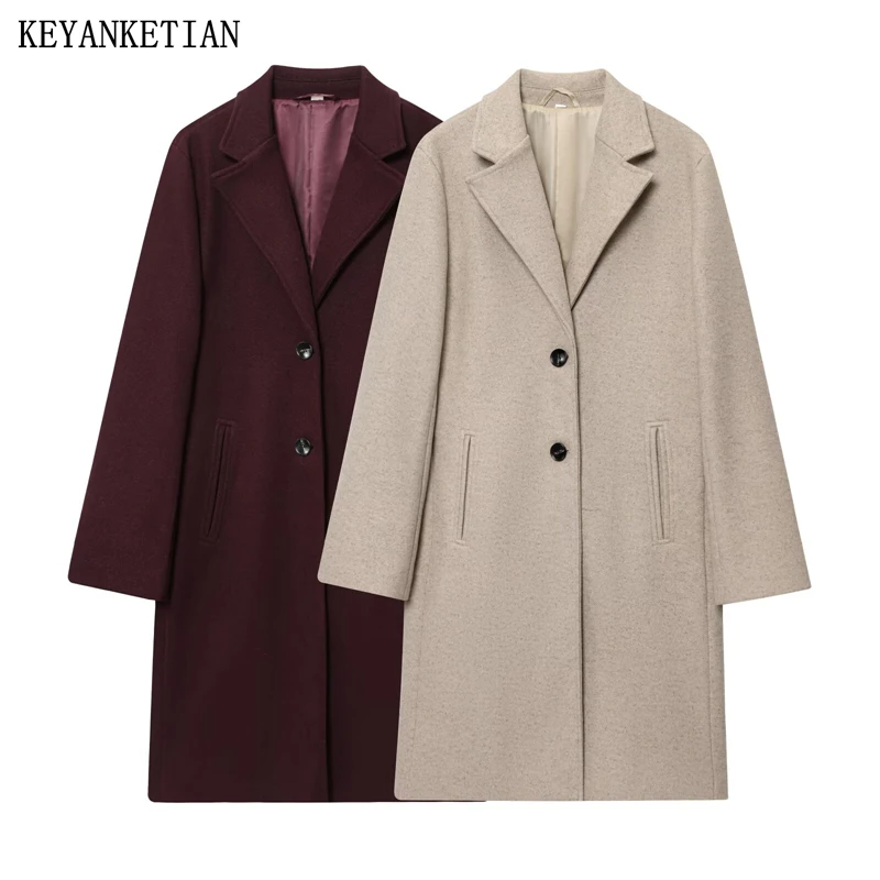 

KEYANKETIAN осенне-зимний новый женский костюм с воротником и длинными рукавами, однобортное длинное шерстяное пальто с боковым карманом, женская куртка