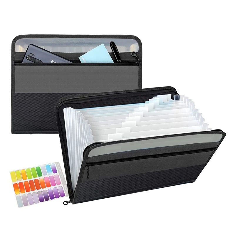 T04C-13 Pockets Expanding File Folder A4 Plastic Document Wallet Organizer For Personal Office Stationary Storage(Black)