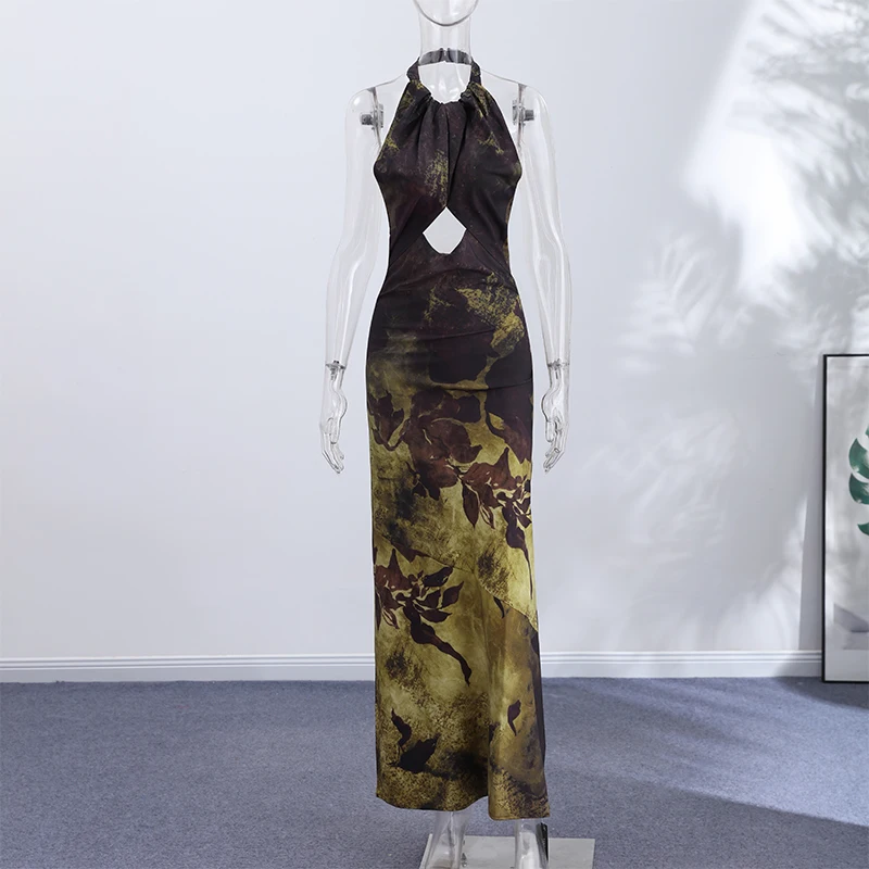 Gradient Printed Women's Maxi Dress Tie Halter Neck Front Chest Cut Out Midriff Hollow Full Bare Back Flared Fish Tail Skirt