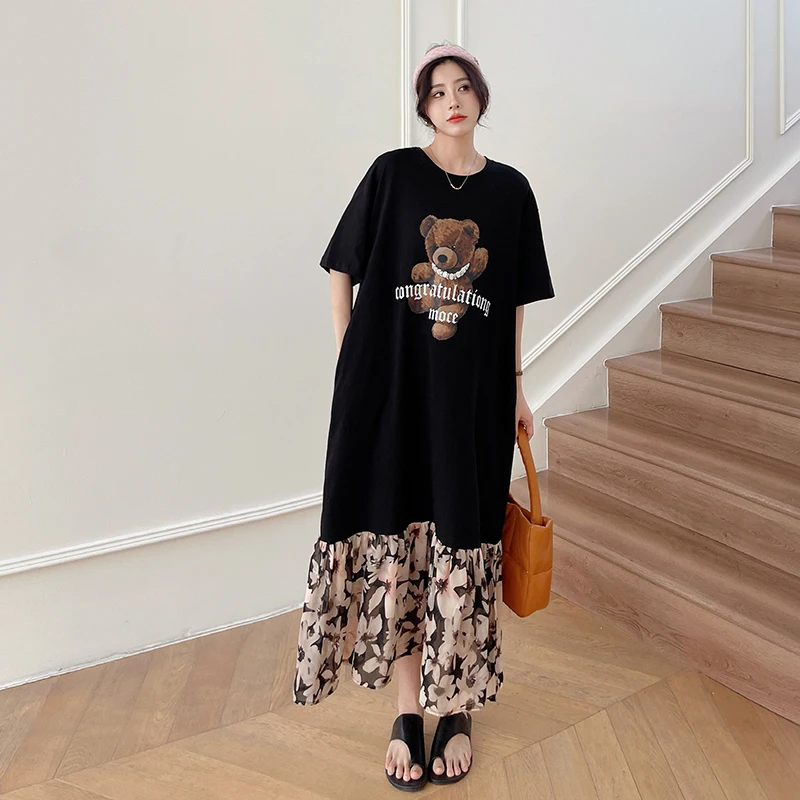 Loose Women's Summer Dr Knee-Length Floral Skirt ort Sve Street Sle Knitted Cotton Polyester H-ape round Ne